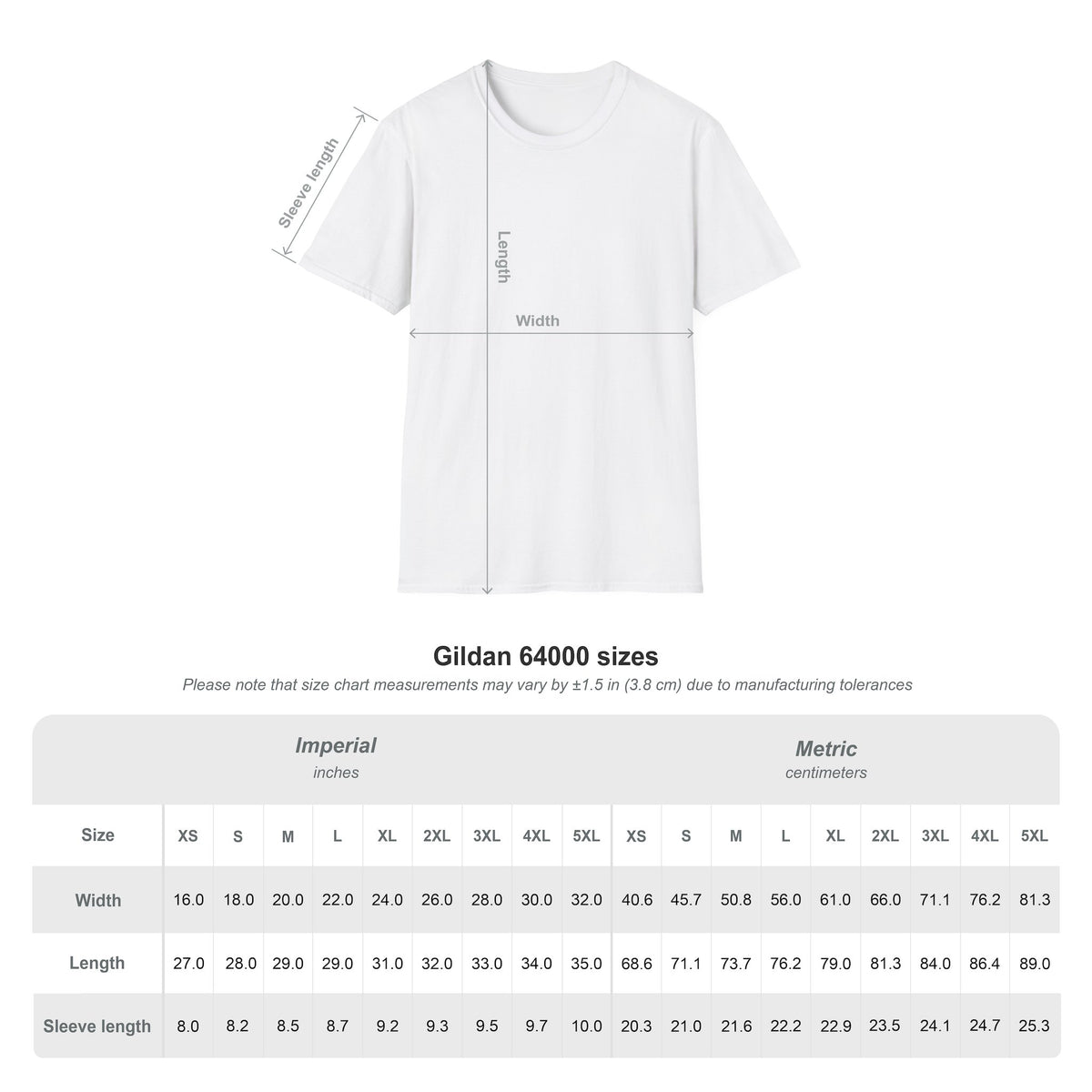 White crew-neck t-shirt with measurement arrows and size chart text overlay