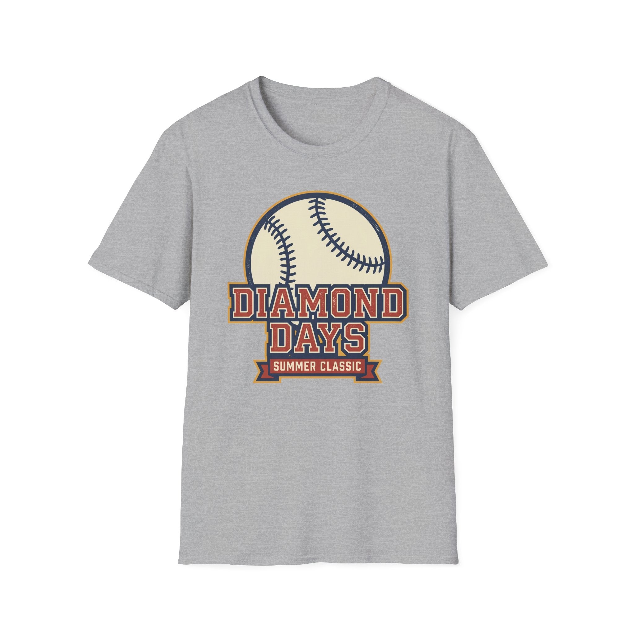 Heather gray crew-neck T-shirt with 'Diamond Days' baseball emblem print.