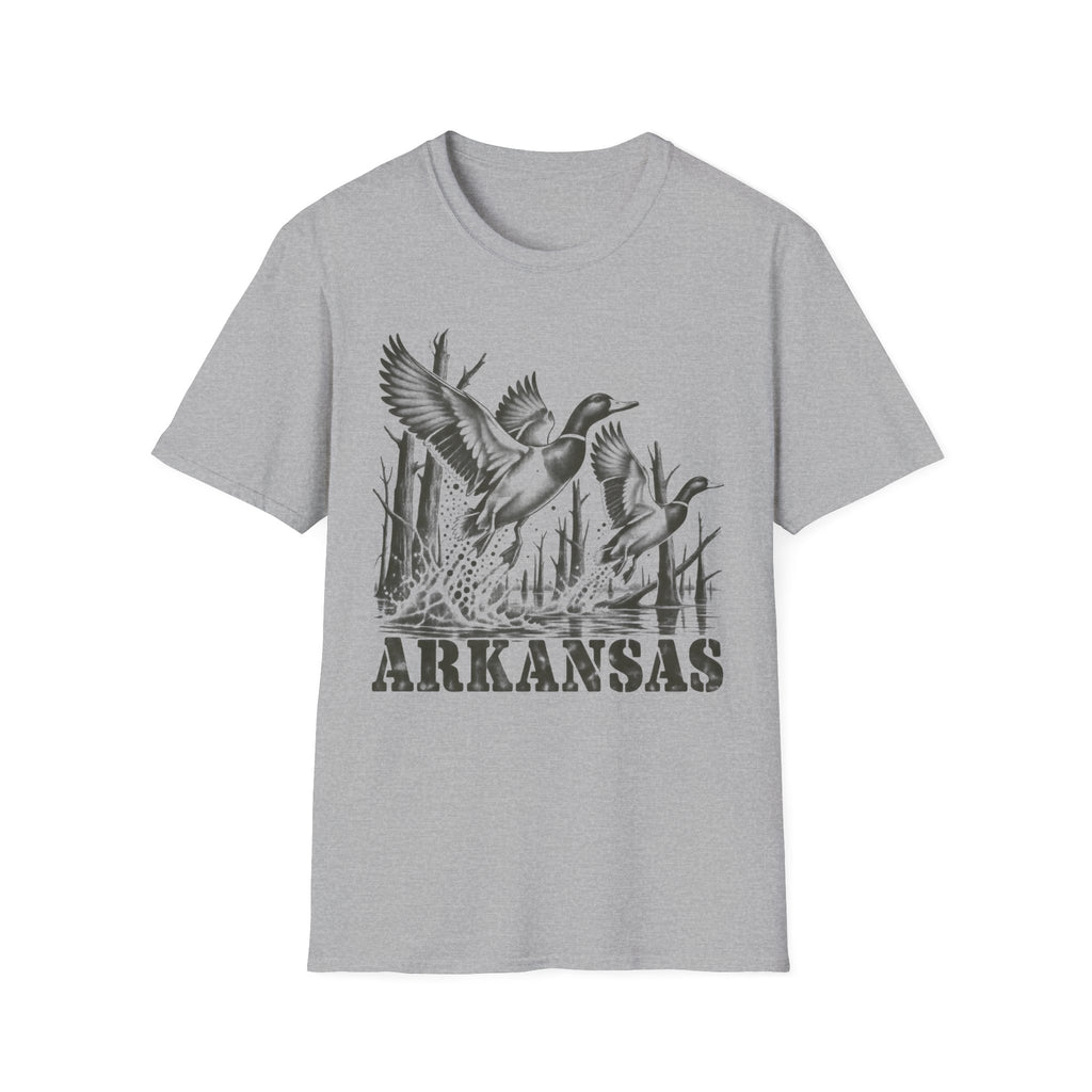 Grey crewneck T-shirt with Arkansas duck graphic print on front