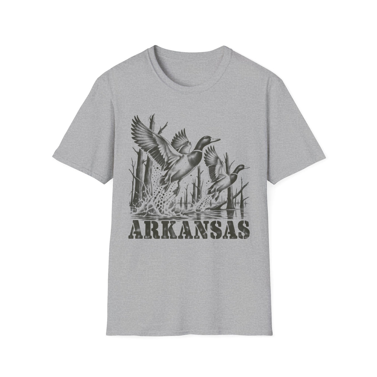 Grey crewneck T-shirt with Arkansas duck graphic print on front