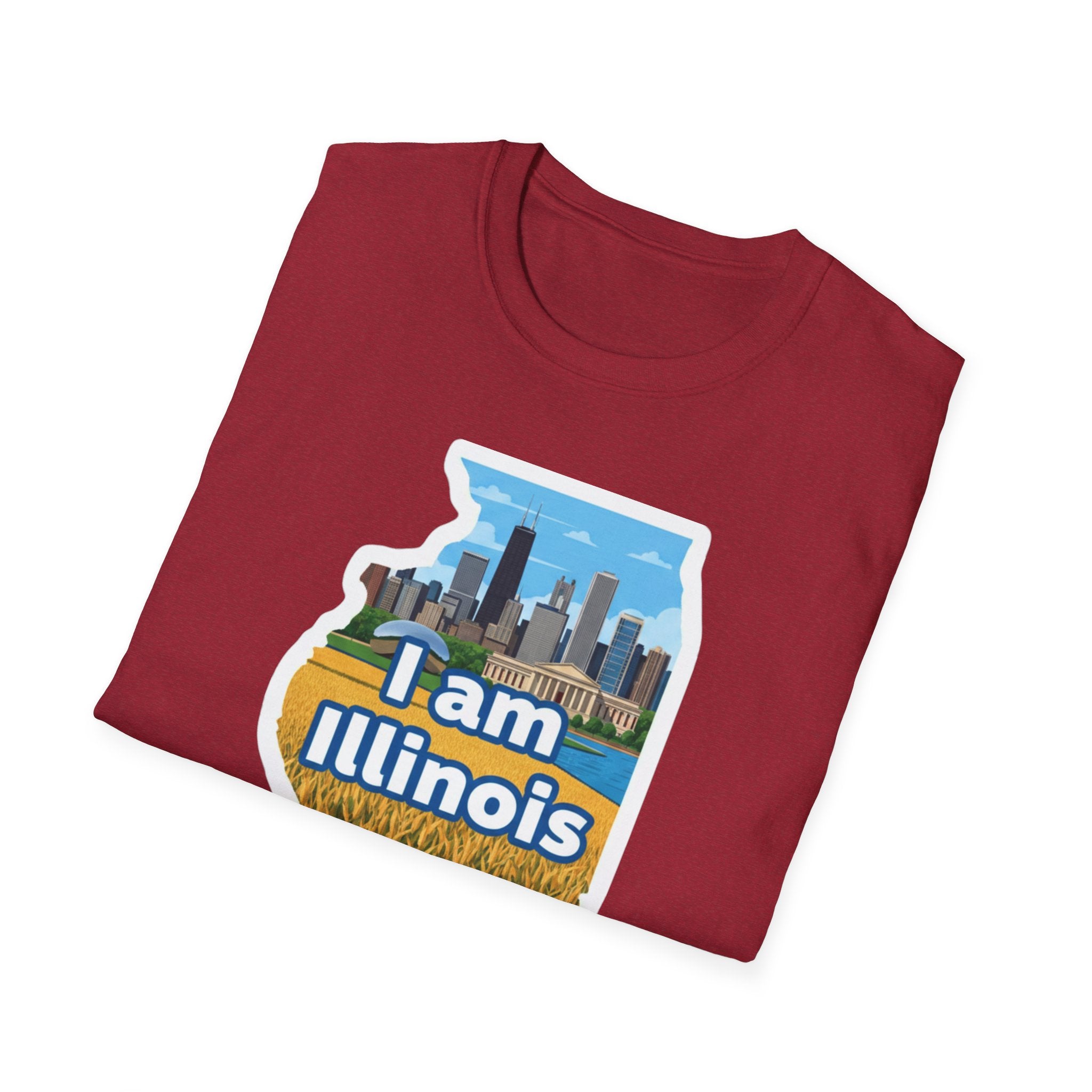 Deep red T-shirt with "I am Illinois" skyline and farmland design