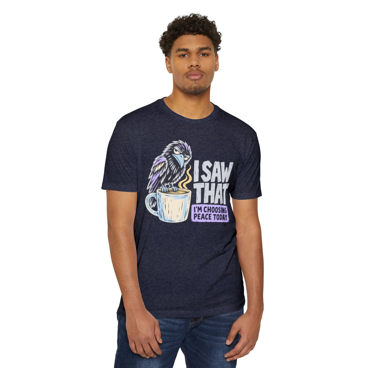 Navy t-shirt with raven and coffee mug graphic and peace message, crew neck