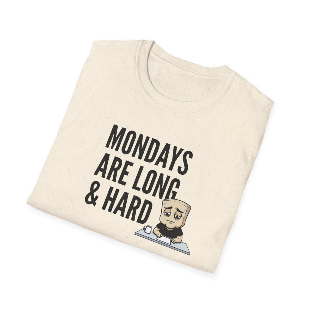 Cream T-shirt with Mondays Are Long & Hard text and coffee mug cartoon