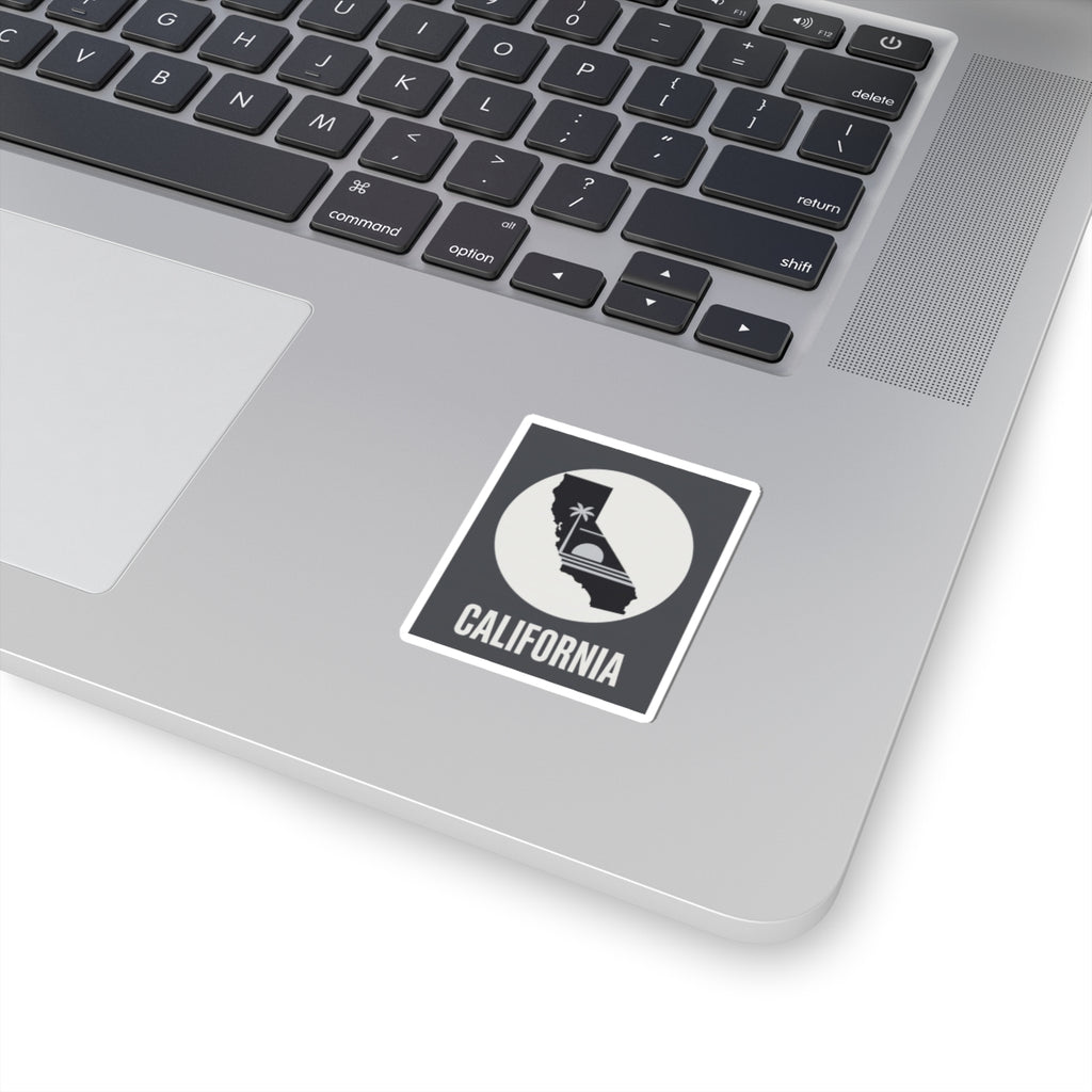 California silhouette sticker with black palm tree icon and CALIFORNIA text, square border