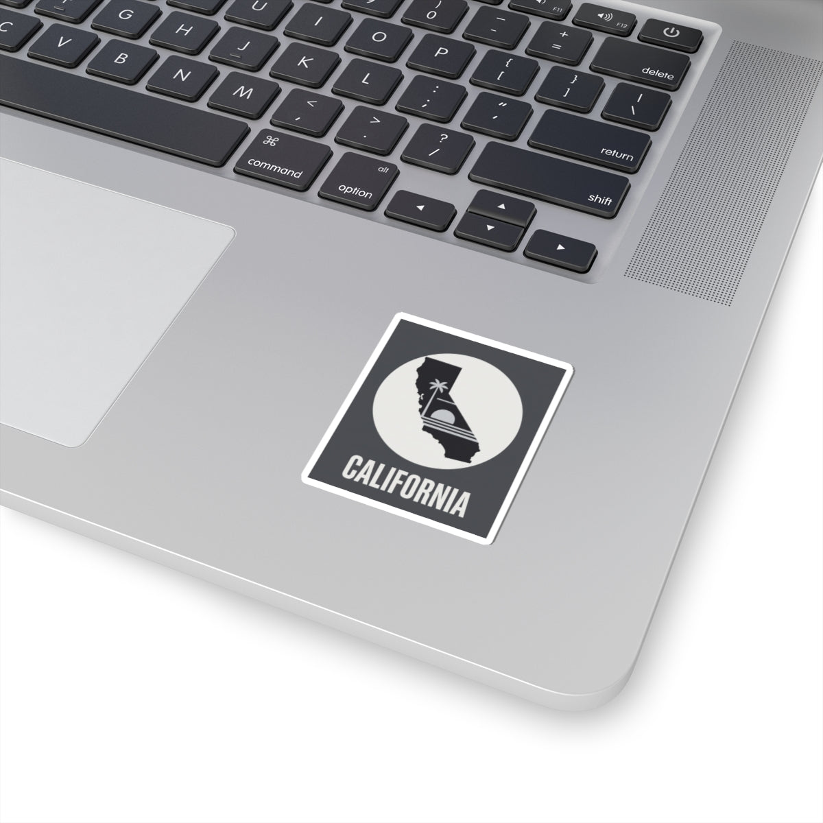 California silhouette sticker with black palm tree icon and CALIFORNIA text, square border