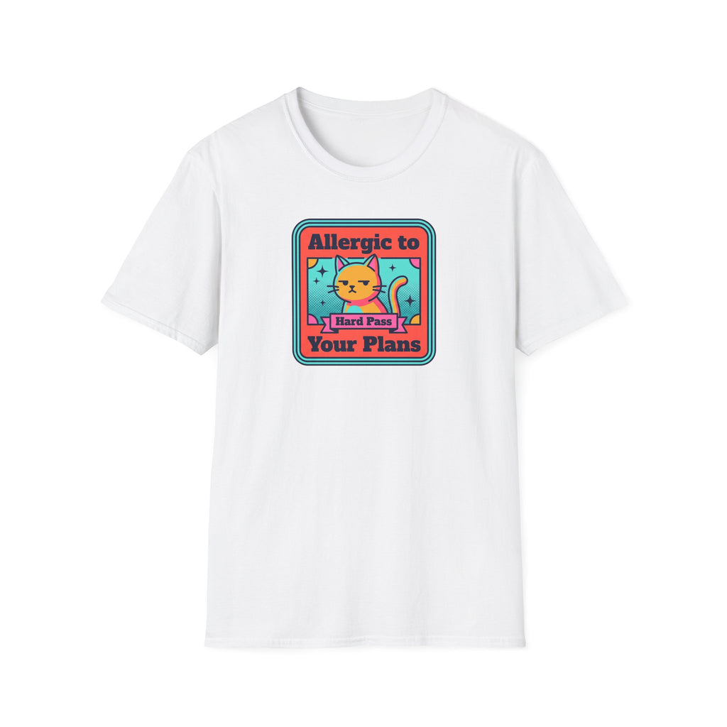 White cat T-shirt with small 'Allergic to Your Plans' graphic print