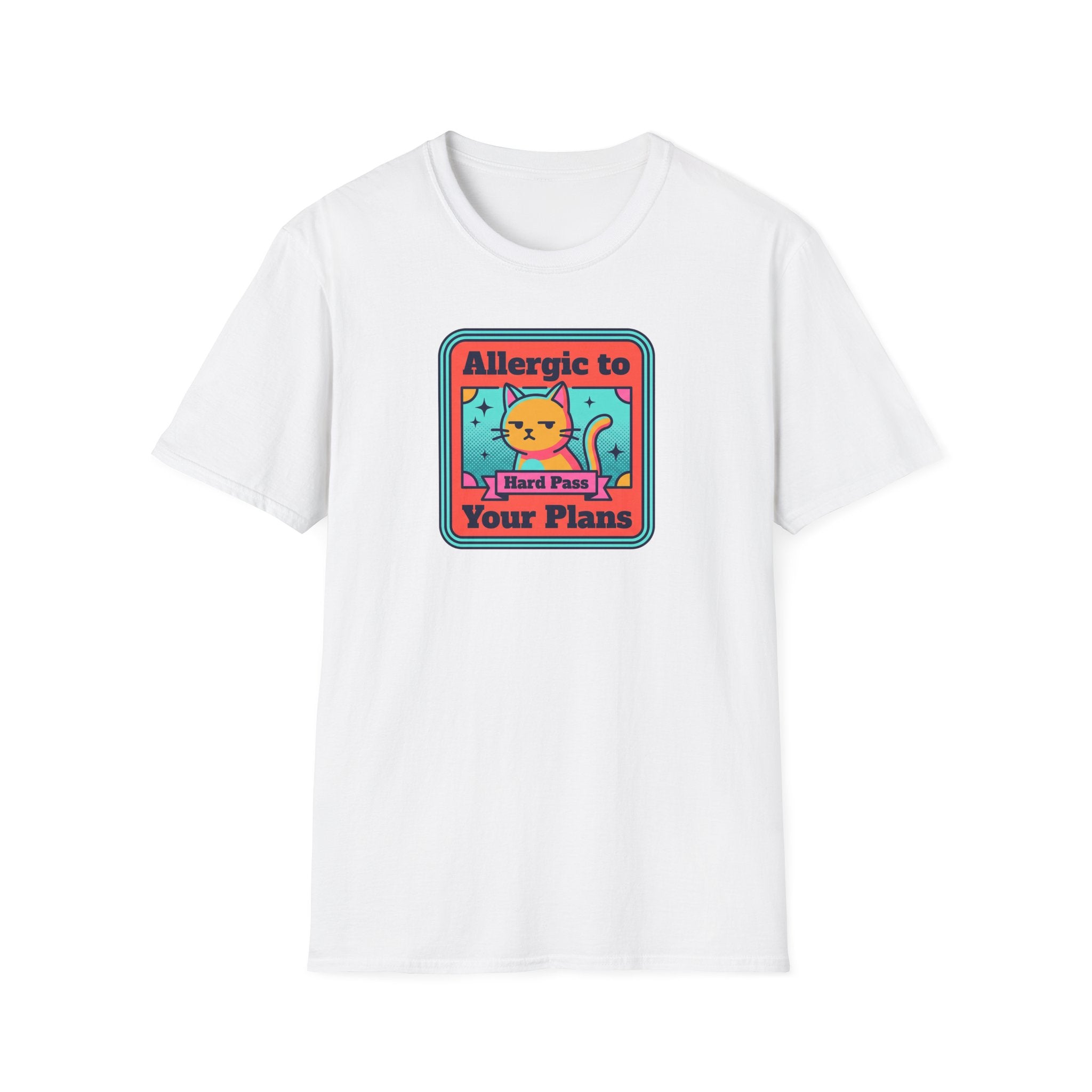 White cat T-shirt with small 'Allergic to Your Plans' graphic print