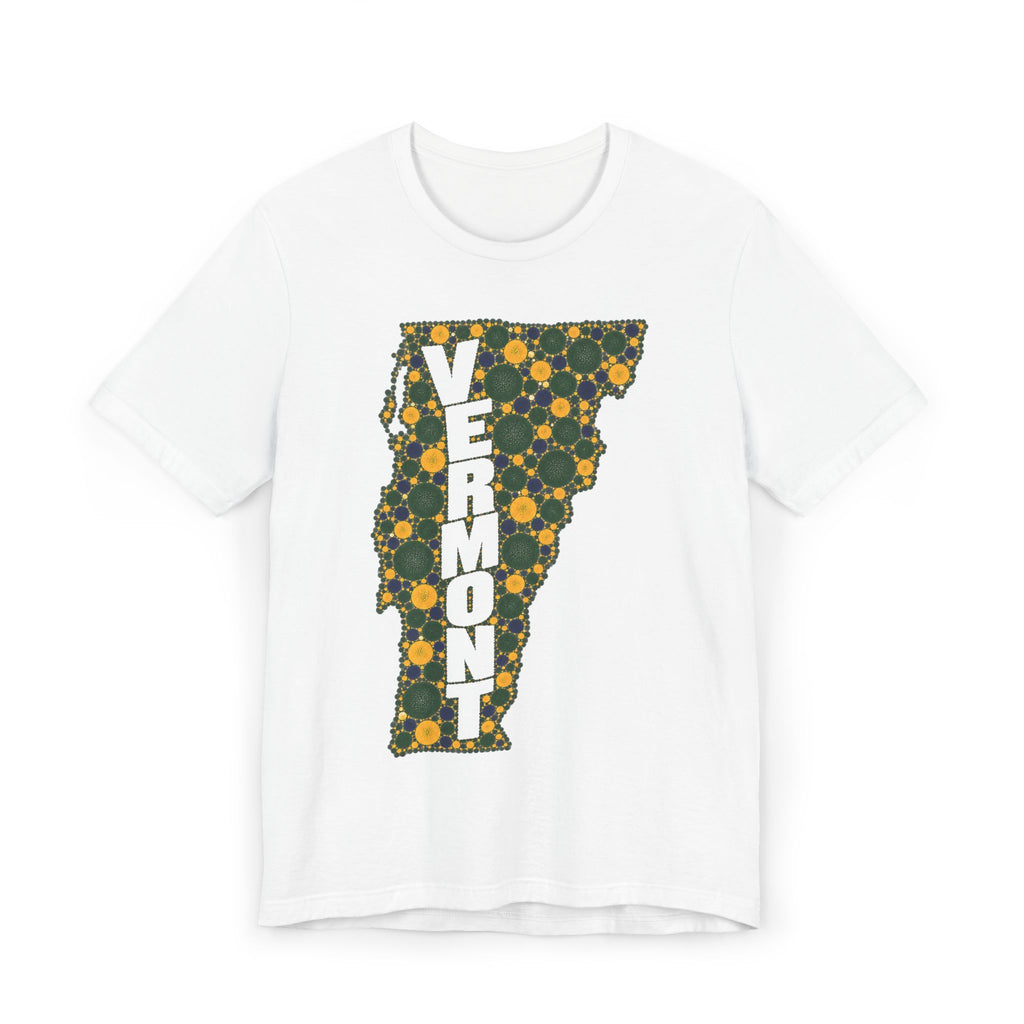 White T-shirt with multicolor floral Vermont outline and VERMONT text graphic.