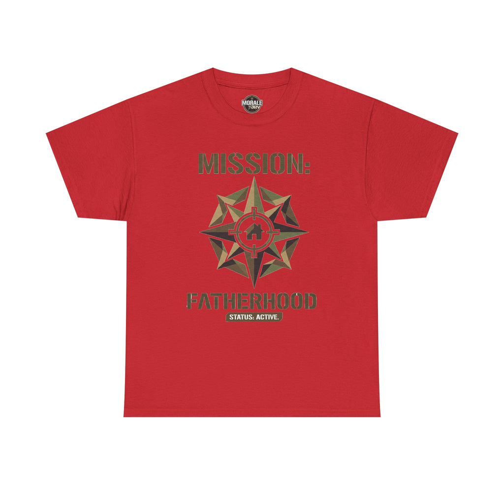 Red crew-neck graphic T-shirt with compass-style star badge and “Mission: Fatherhood” text