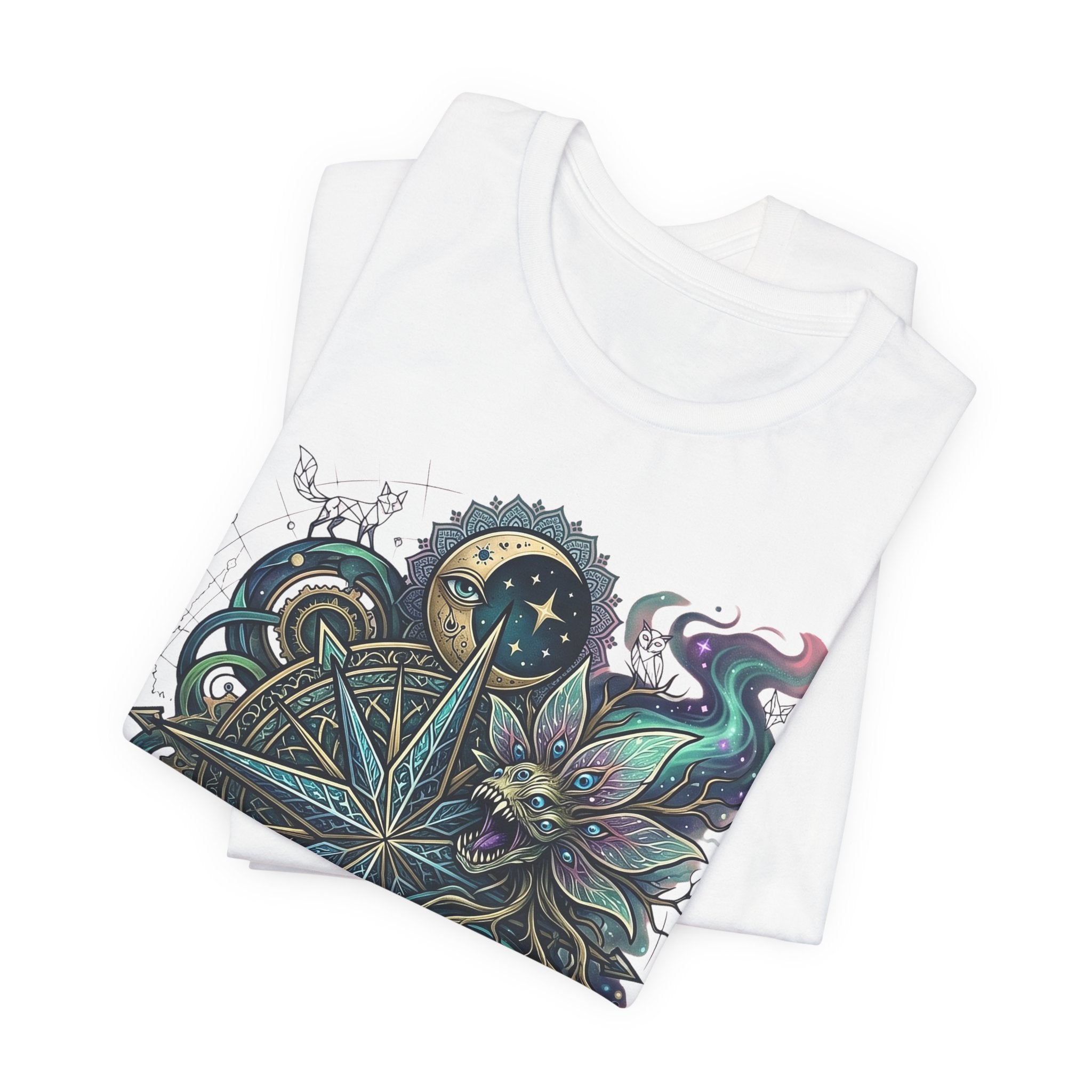 Folded white unisex T-shirt showing partial celestial compass owl graphic at chest