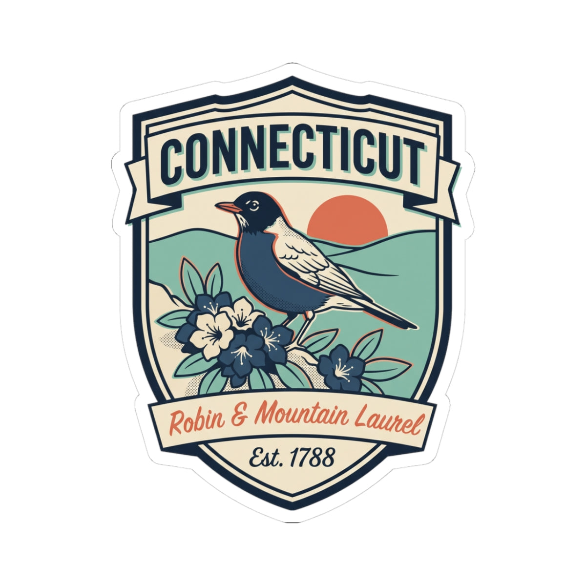 Die-cut Connecticut shield sticker featuring robin and mountain laurel, Est. 1788 text.