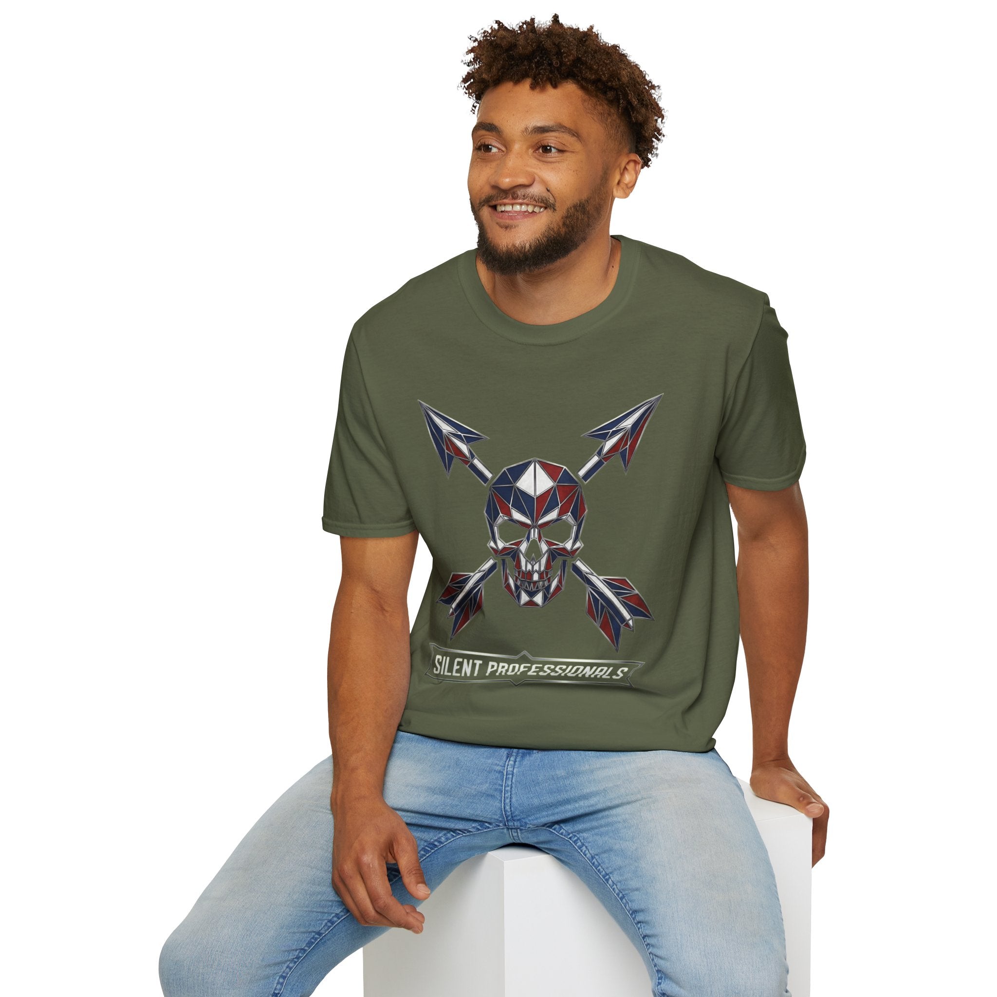 Silent Professionals T-shirt in military green with geometric skull and arrows