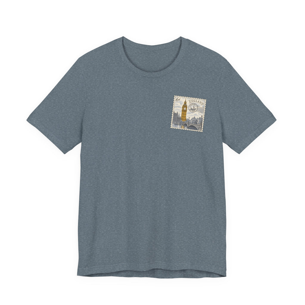 Gray short-sleeve T-shirt with small vintage postage stamp graphic on chest