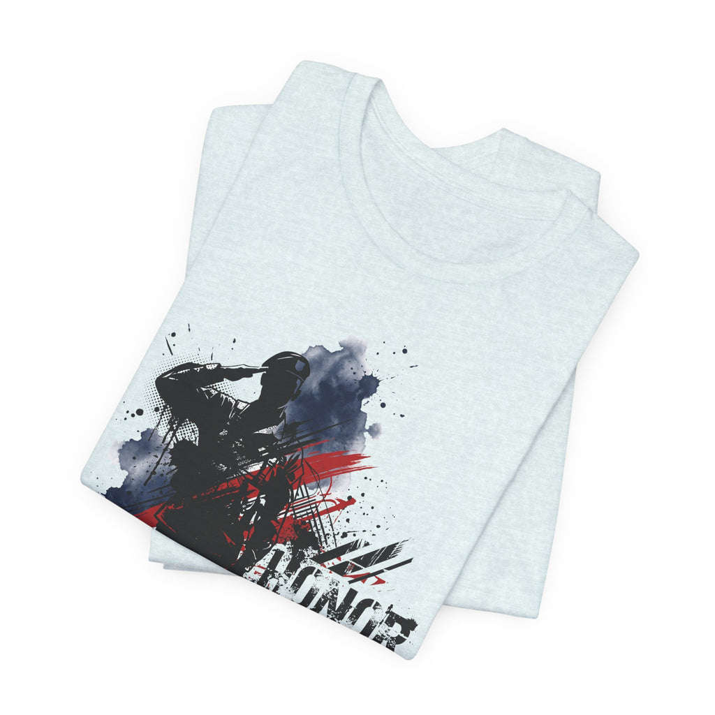 Light blue heather T-shirt with soldier silhouette graphic and red-blue splatter print
