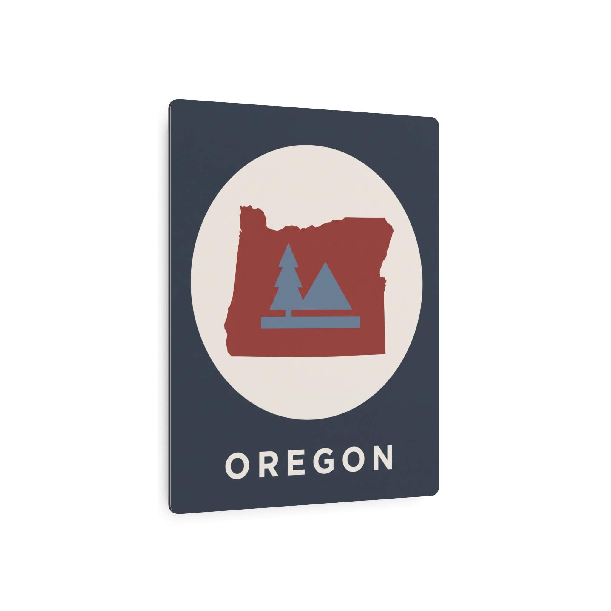 Oregon metal silhouette wall sign with red state, blue trees, and circular icon
