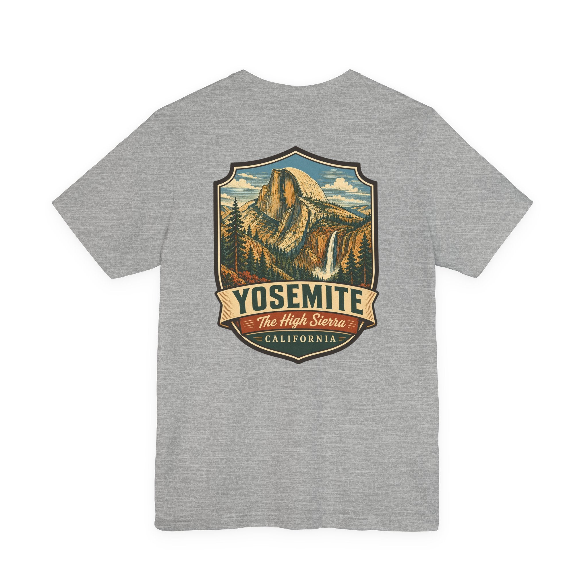 Dark gray heather Yosemite graphic T-shirt with mountain shield logo and “The High Sierra”