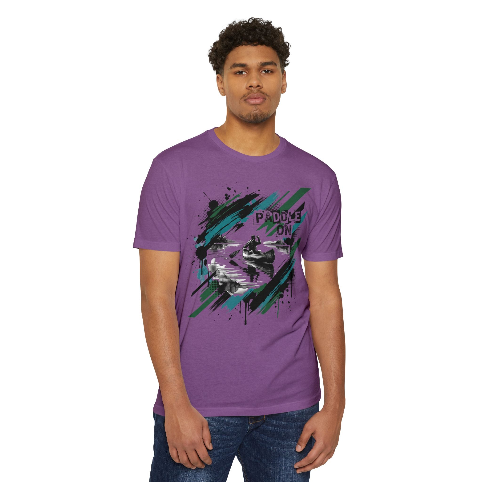 Purple crew-neck T-shirt with kayak paddle graphic on front