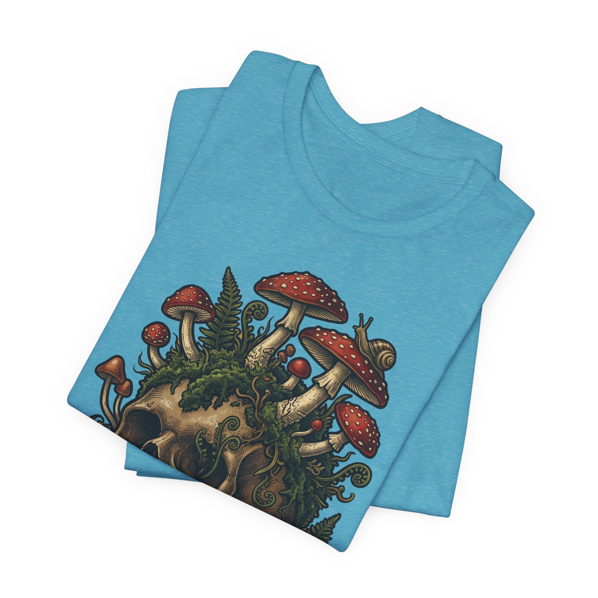 Mushroom skull T-shirt back, turquoise heather with colorful fungi skull illustration