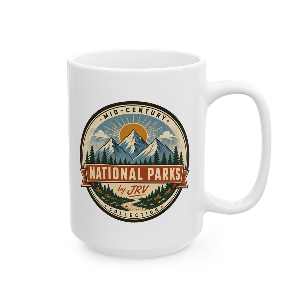 White ceramic coffee mug with mid-century National Parks by TRV emblem