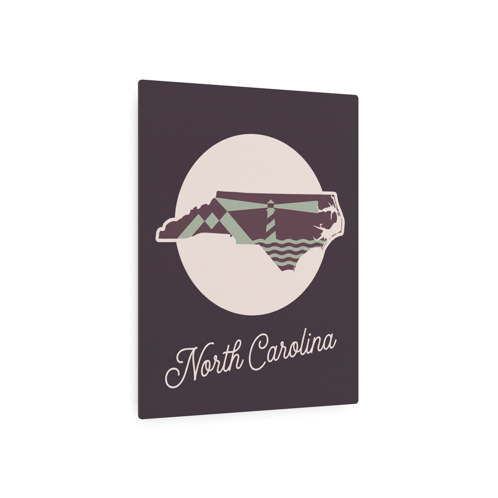 North Carolina metal wall art sign with dark mauve panel, circular badge, and script text