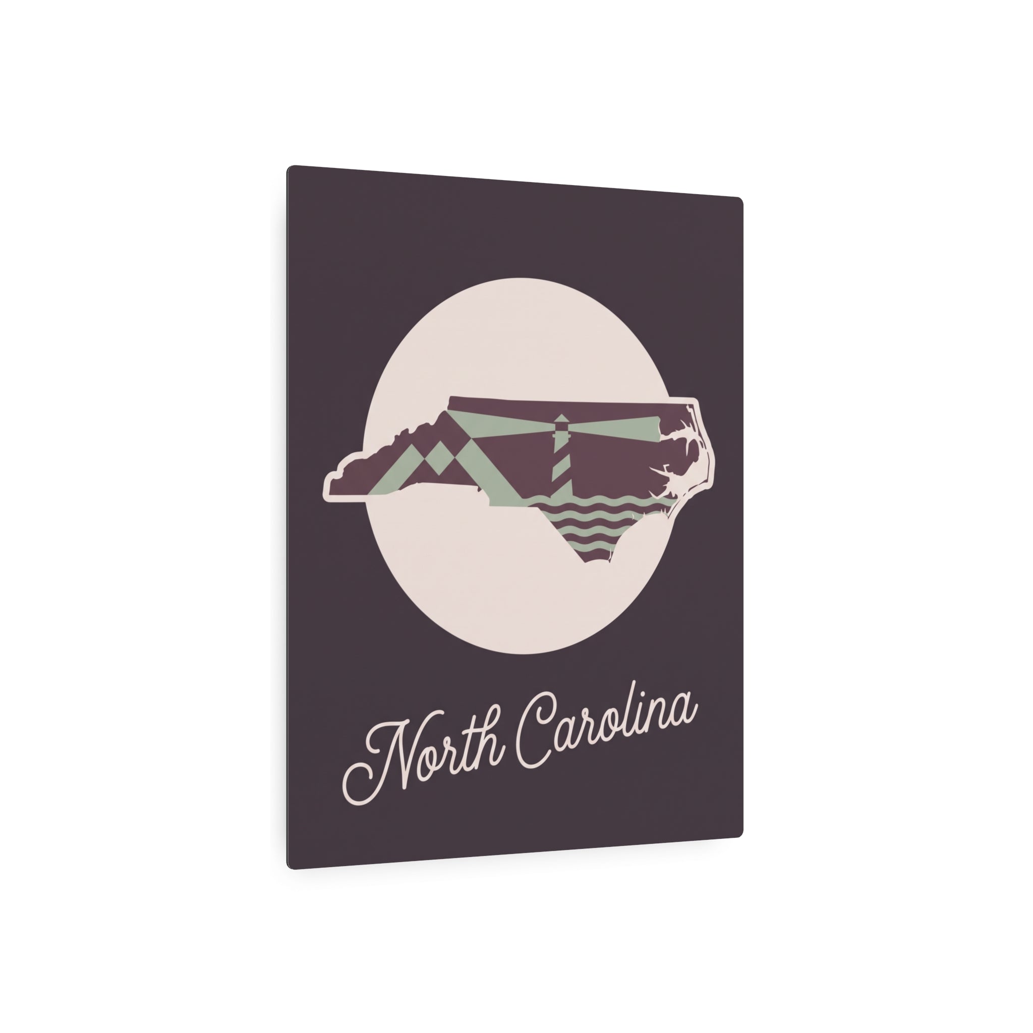 North Carolina metal wall art sign with dark mauve panel, circular badge, and script text