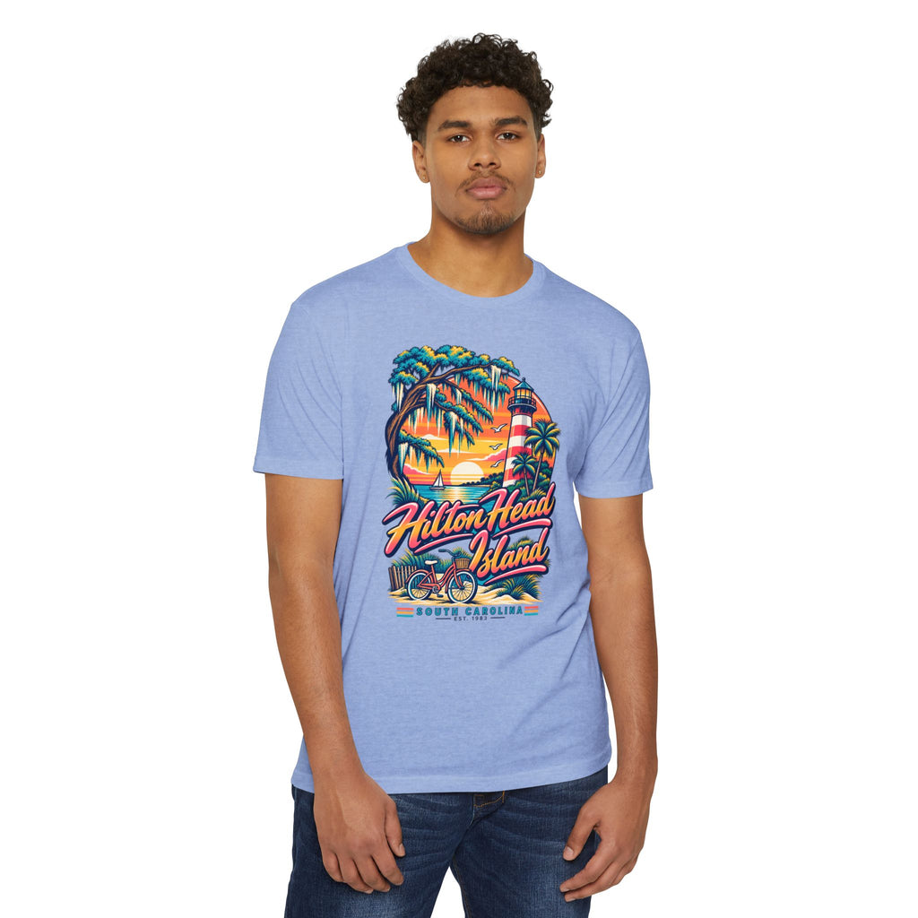 Light blue crew-neck T-shirt with colorful circular island logo graphic