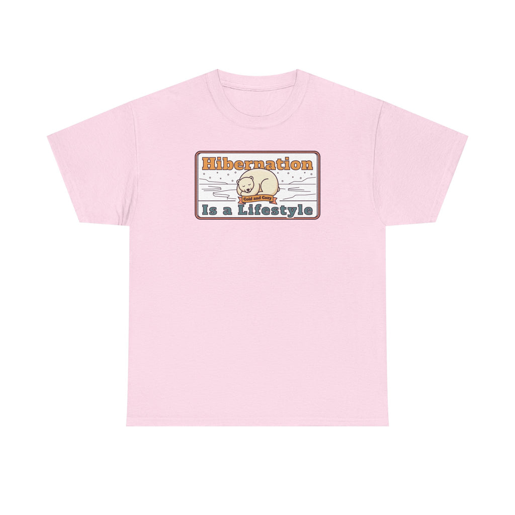 Light pink crew-neck T-shirt with “Hibernation Is a Lifestyle” sloth graphic on chest