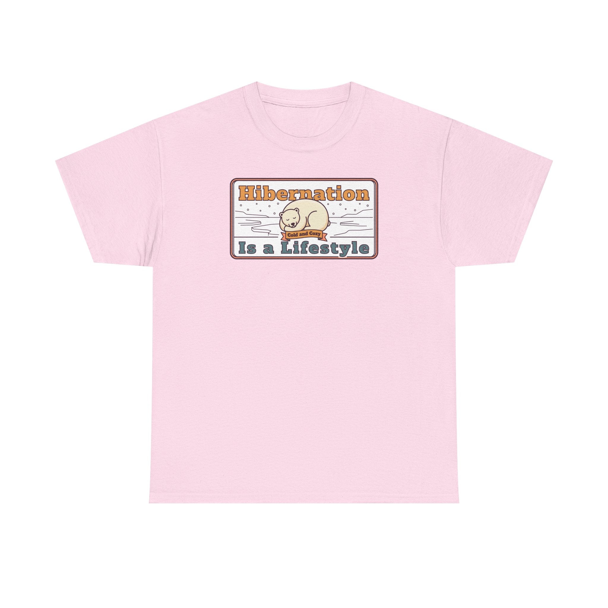 Light pink crew-neck T-shirt with “Hibernation Is a Lifestyle” sloth graphic on chest