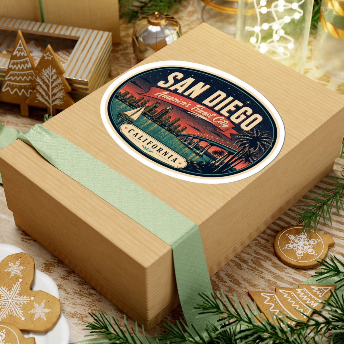 Round San Diego luggage tag sticker on a gift box, showing skyline and “America’s Finest City”