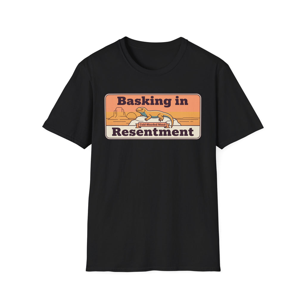 Black crew-neck T-shirt with “Basking in Resentment” desert lizard graphic.