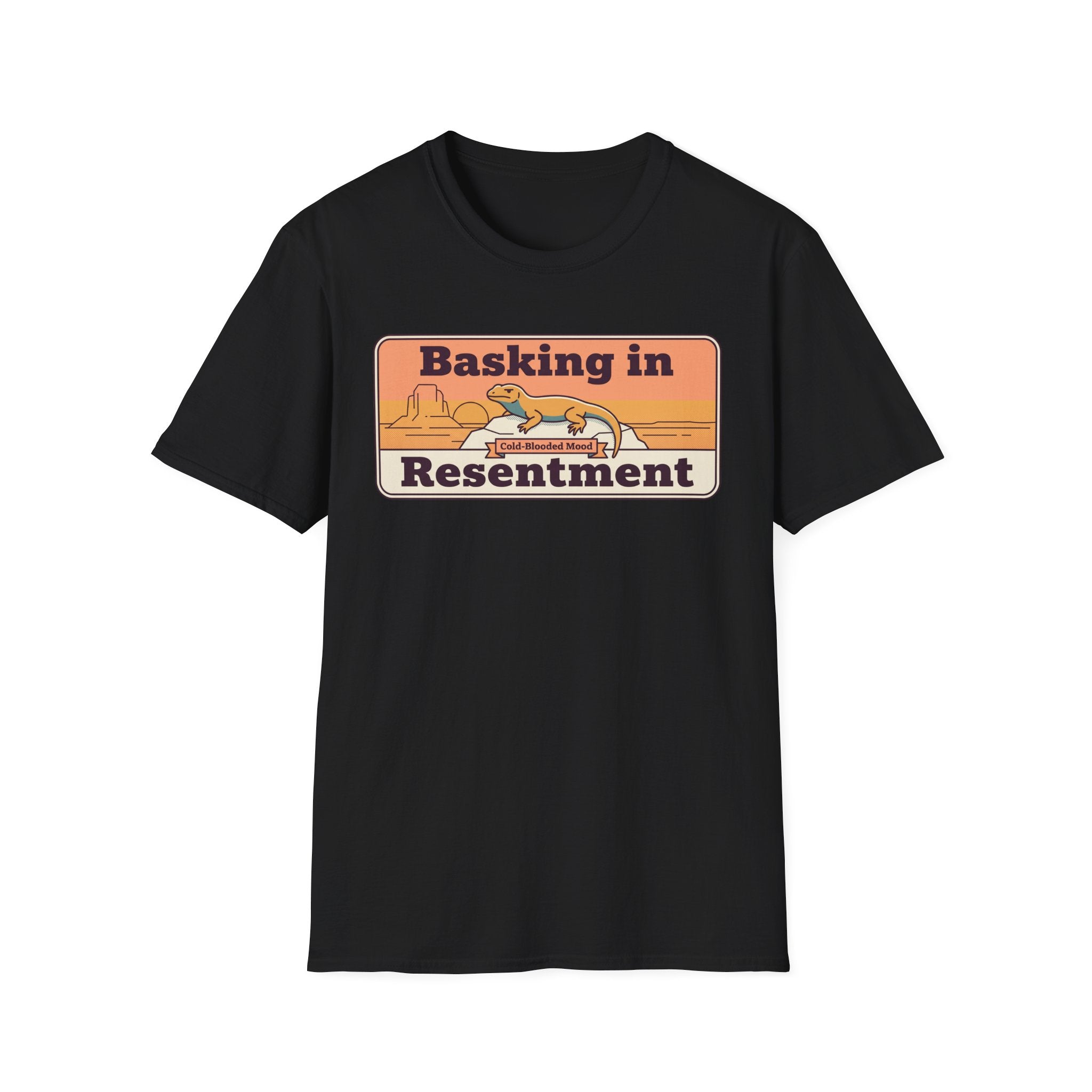 Black crew-neck T-shirt with “Basking in Resentment” desert lizard graphic.