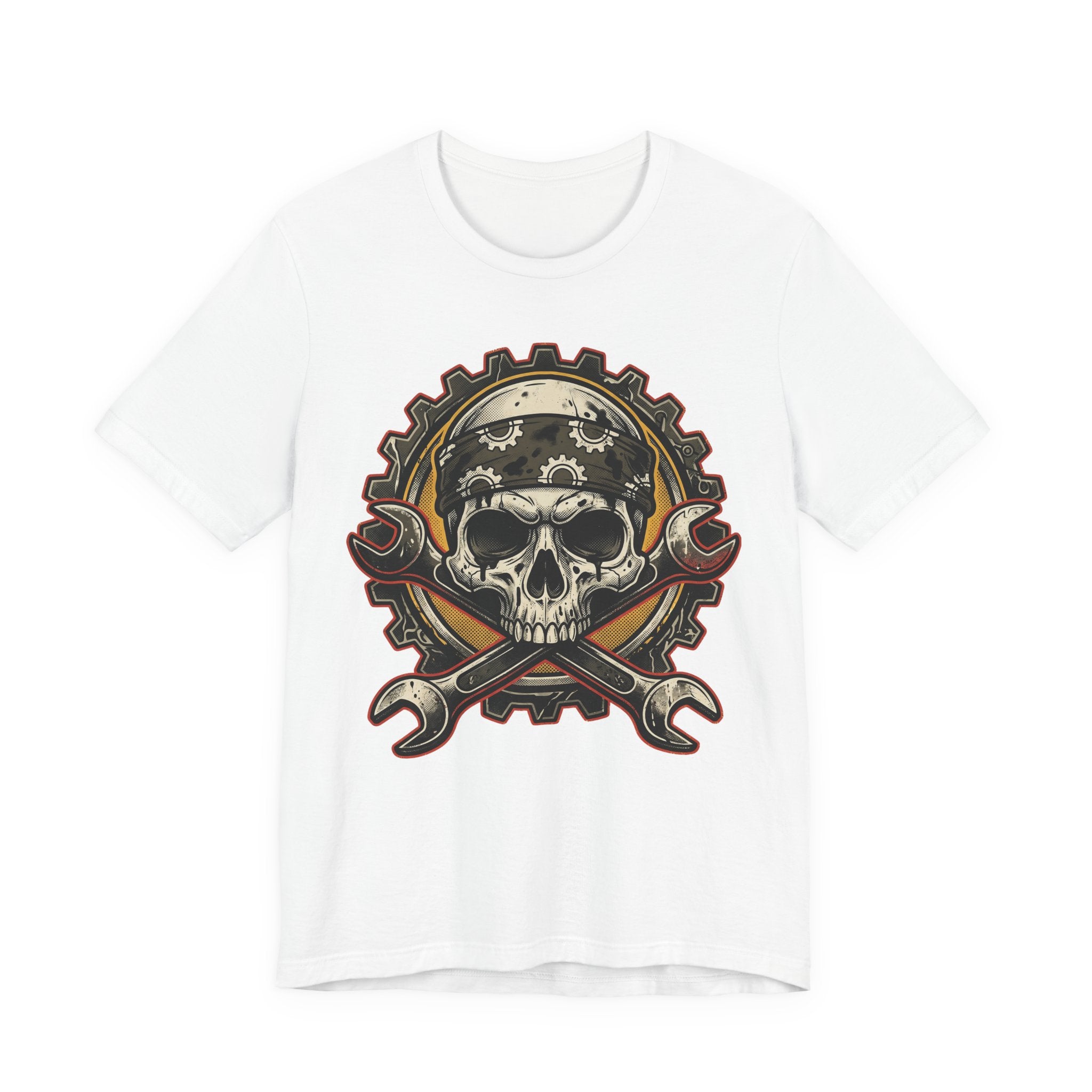 Weißes T-Shirt mit Biker-Schädel-Graphic und gekreuzten Schraubenschlüsseln auf der Brust