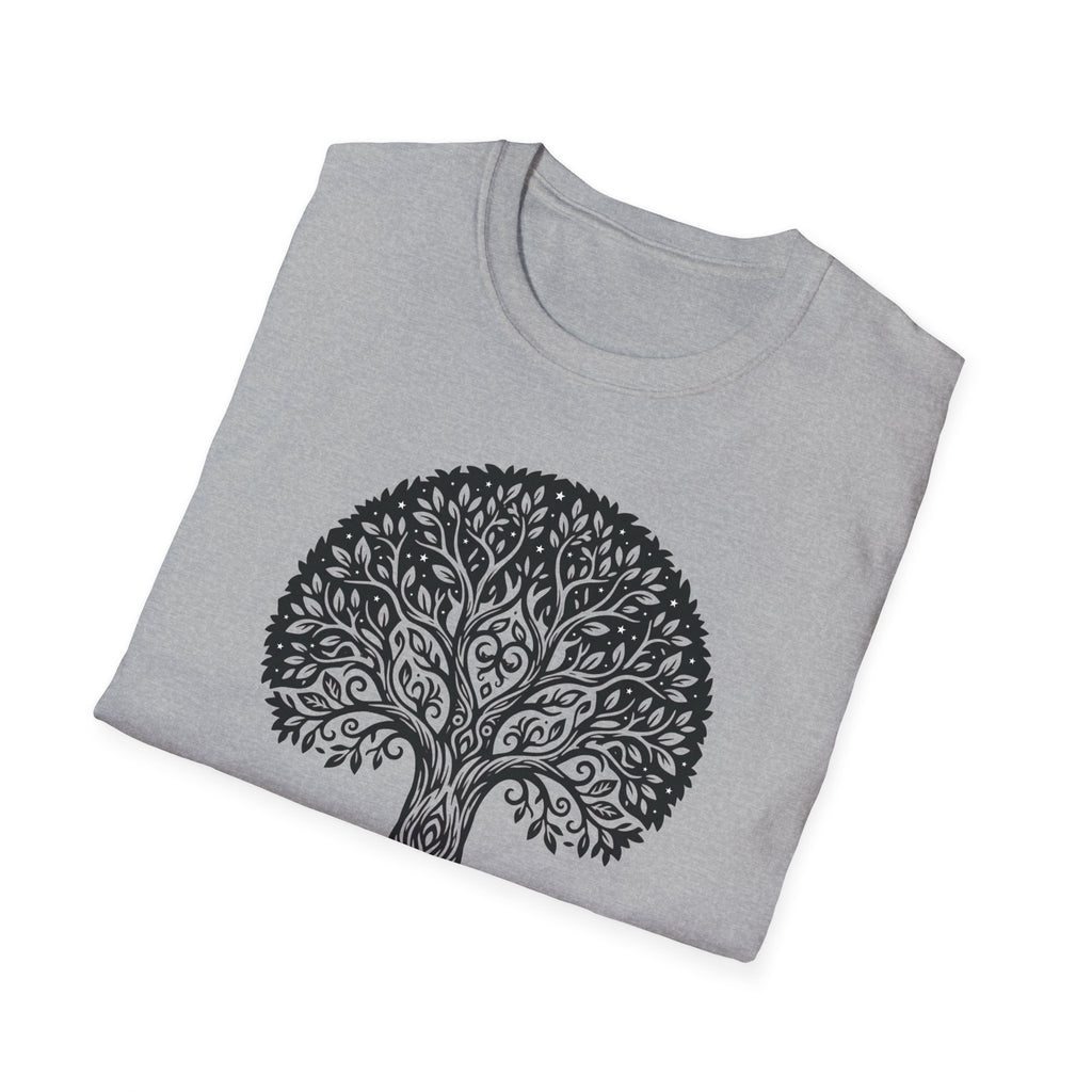 Sport grey heather T-shirt with black ornamental tree of life botanical graphic