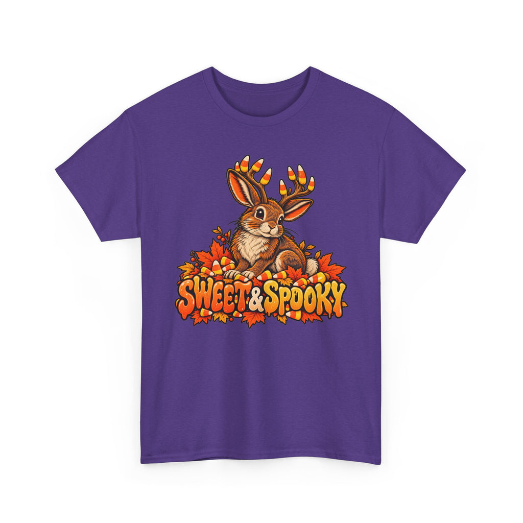 Halloween jackalope T-shirt, purple with candy corn antler bunny graphic and text