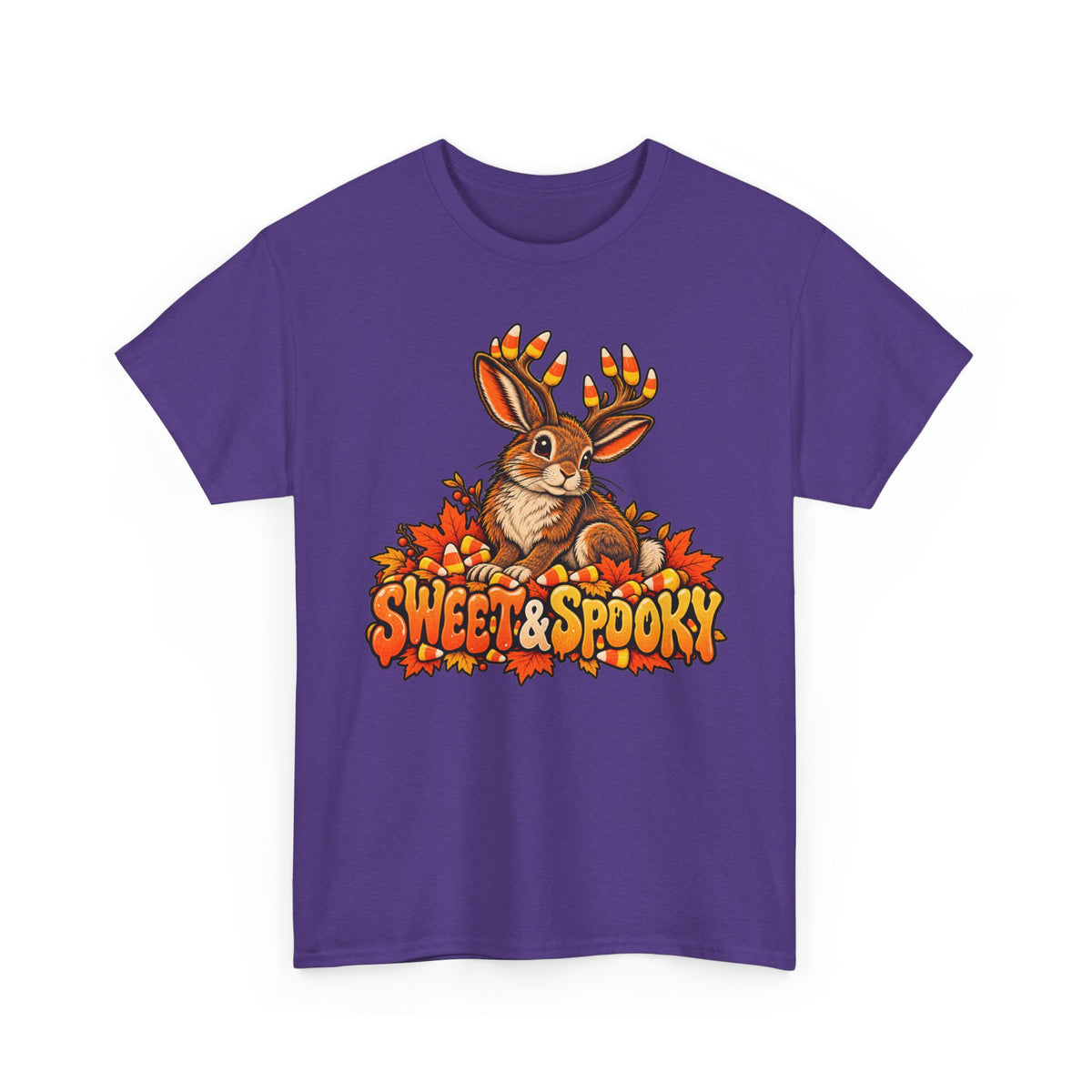 Halloween jackalope T-shirt, purple with candy corn antler bunny graphic and text