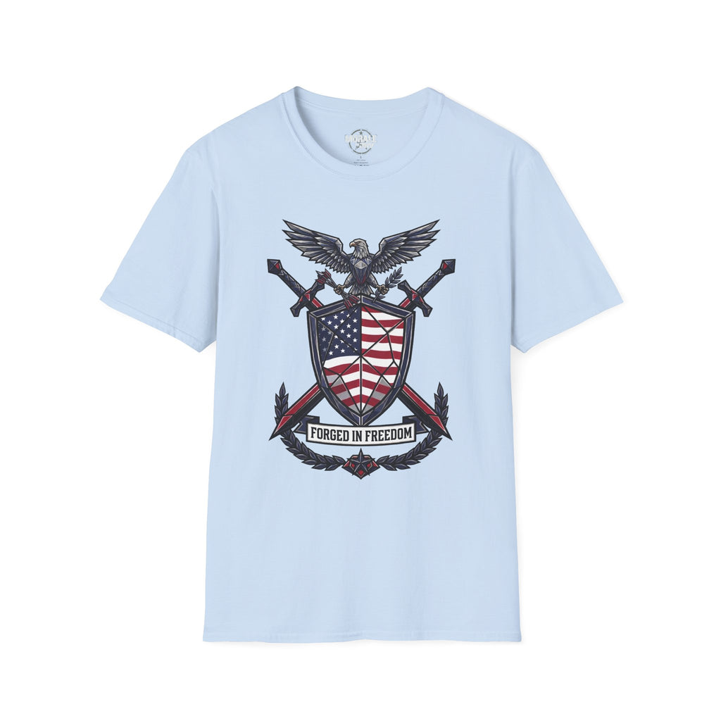 Patriotic red-white-blue graphic T-shirt, light blue base, front eagle shield print