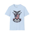 Patriotic red-white-blue graphic T-shirt, light blue base, front eagle shield print