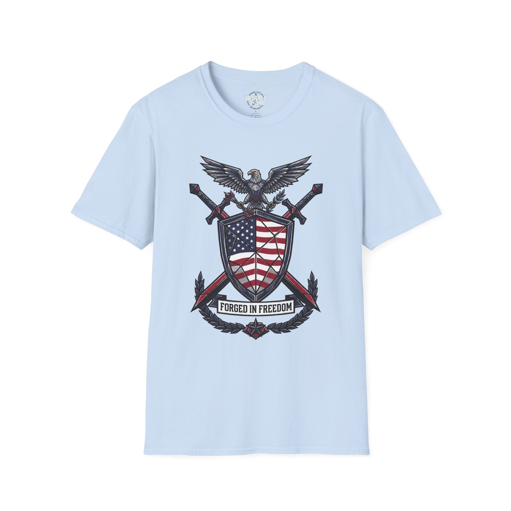Patriotic red-white-blue graphic T-shirt, light blue base, front eagle shield print