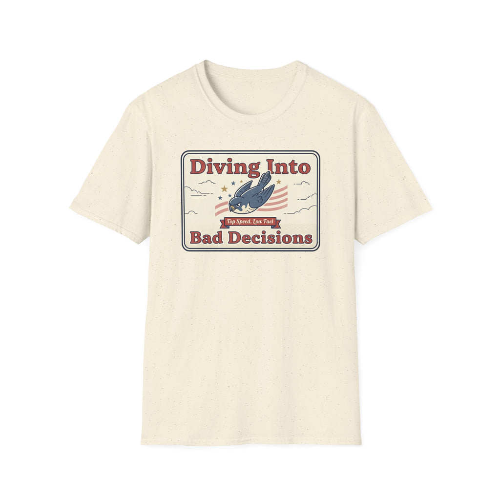 Natural T-shirt with “Diving Into Bad Decisions” retro shark graphic on front