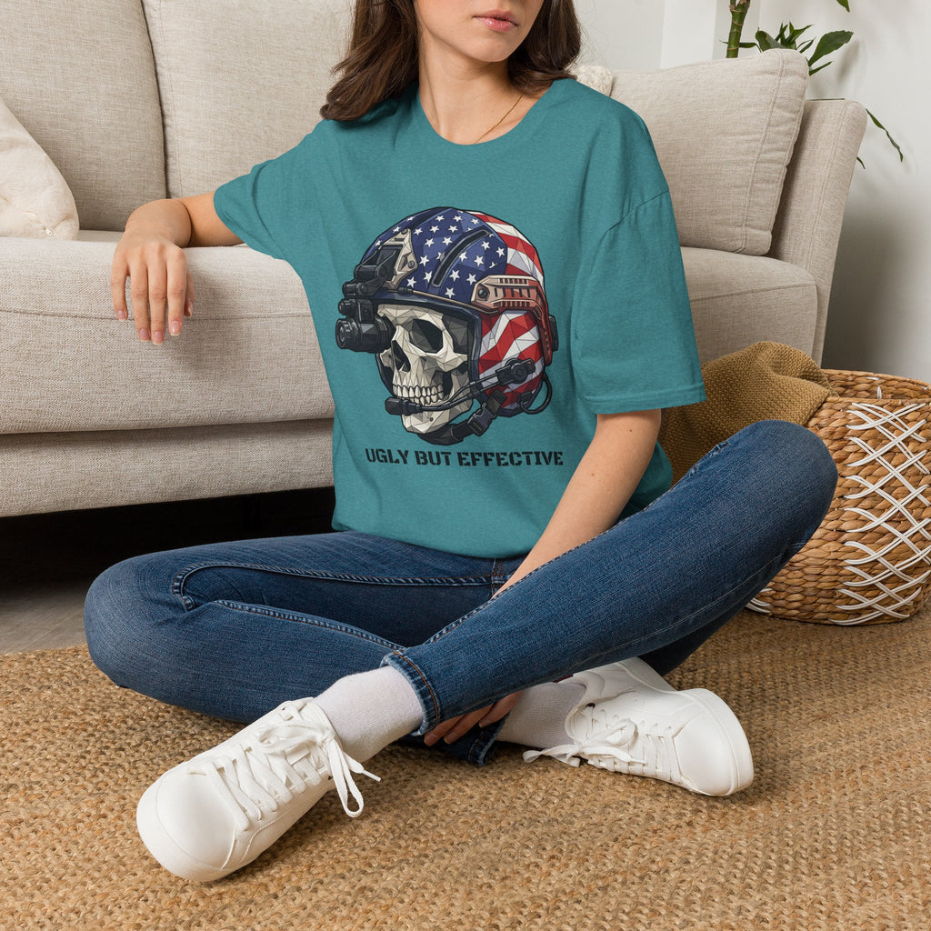 Teal crew-neck T-shirt with skull helmet and American flag graphic