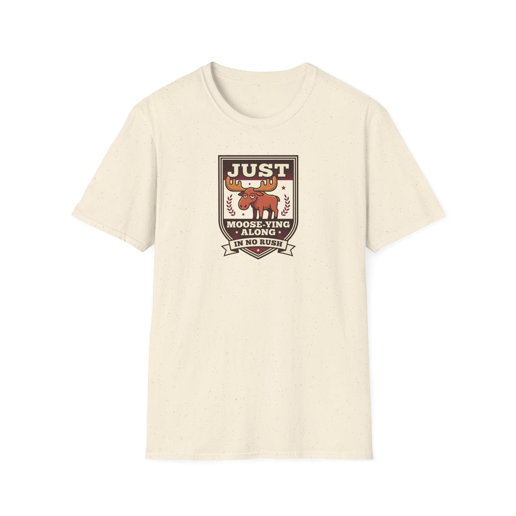 Natural crewneck T-shirt with front moose graphic badge and slogan text.