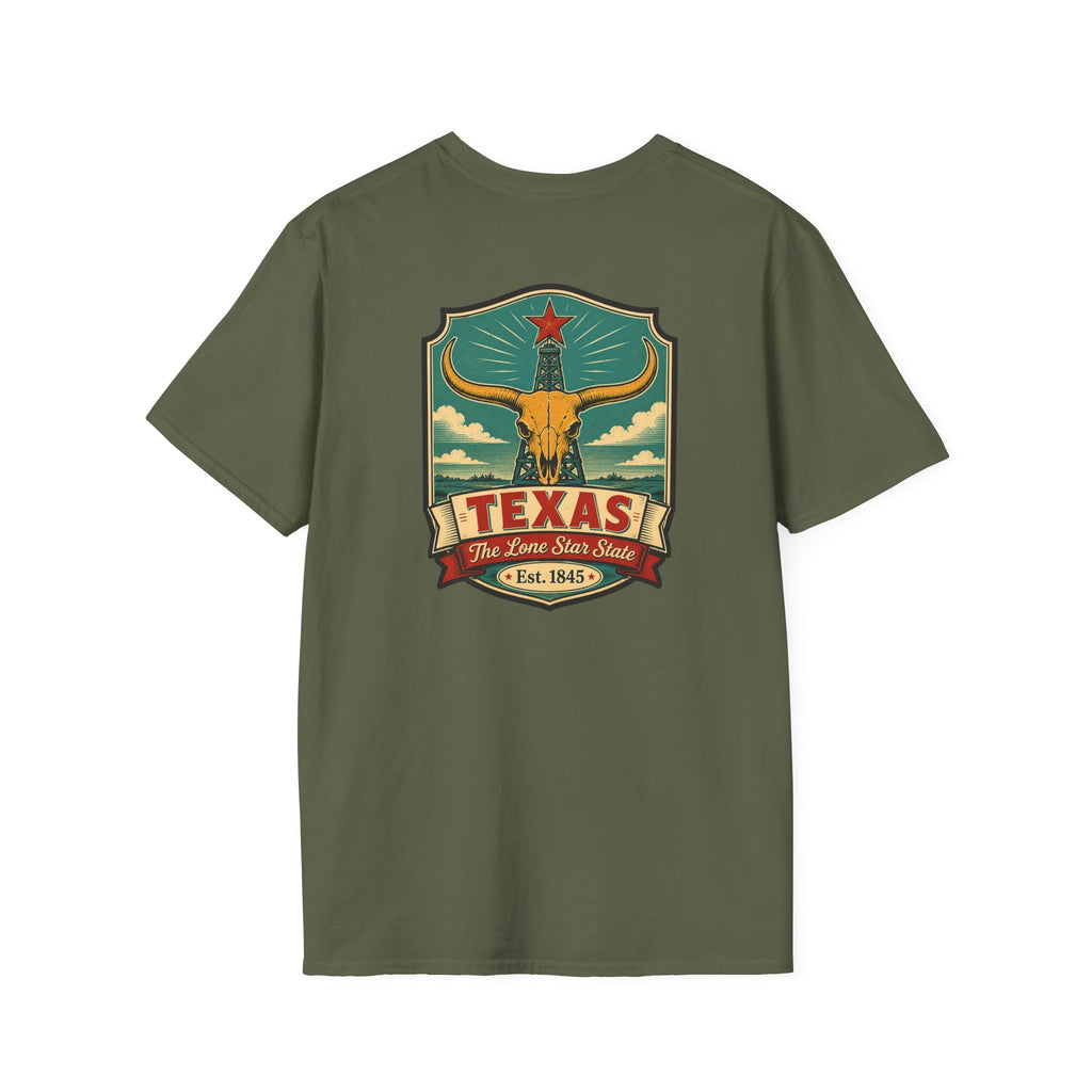 Texas Longhorn T-shirt, military green, with longhorn Texas crest graphic on chest