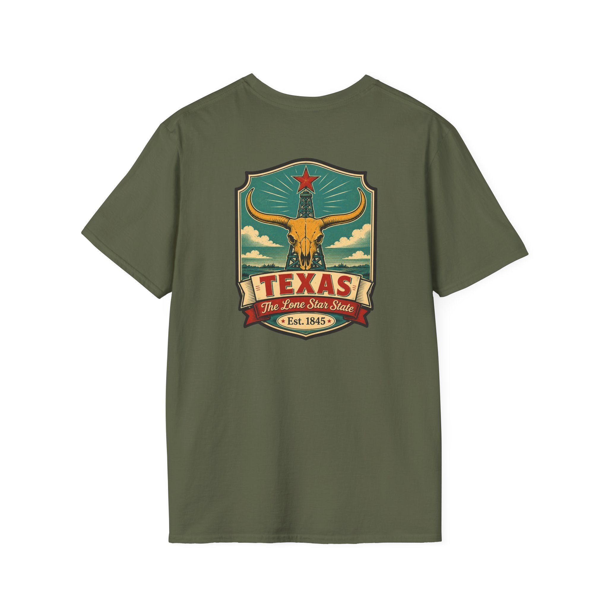 Texas Longhorn T-shirt, military green, with longhorn Texas crest graphic on chest