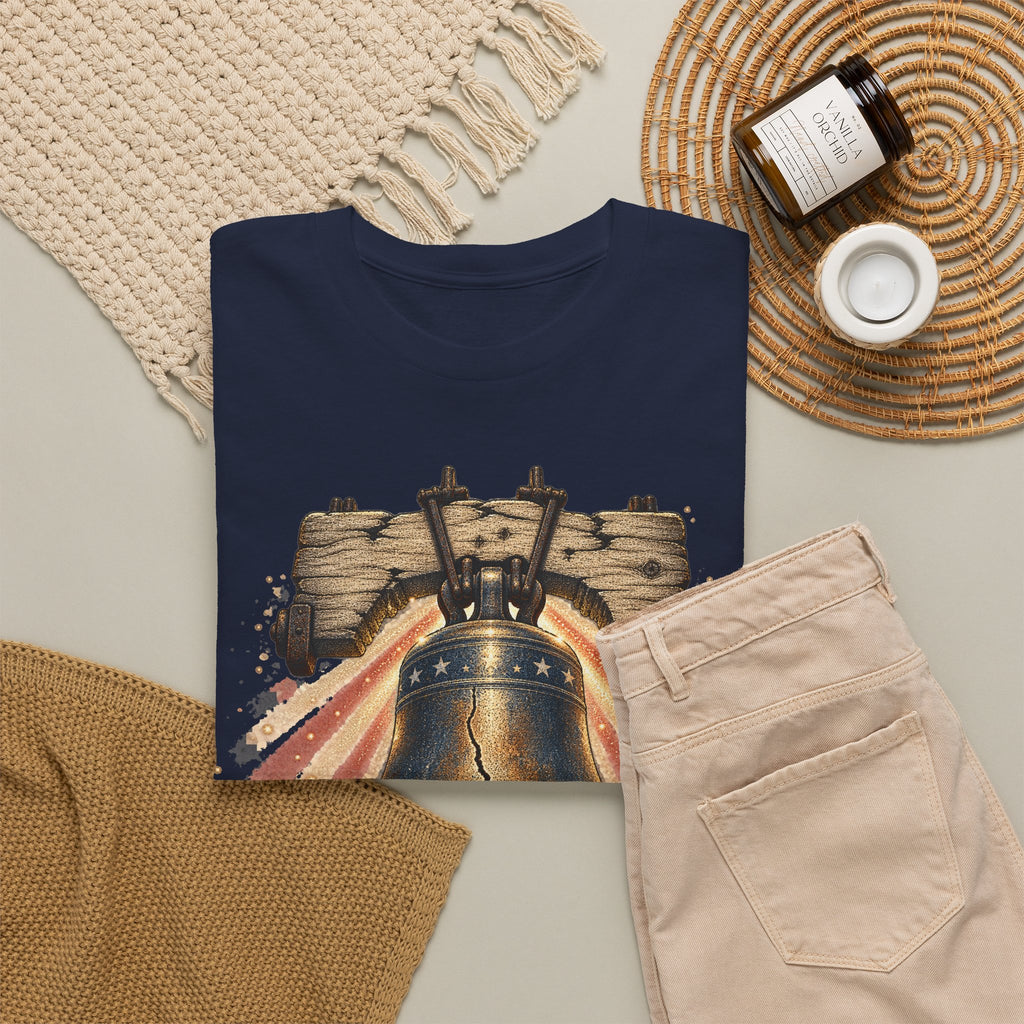 Navy crew-neck short-sleeve T-shirt with Liberty Bell and stars print