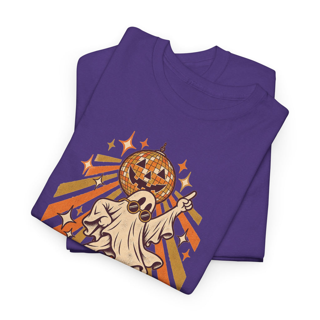 Purple T-shirt with dancing ghost disco ball graphic on front