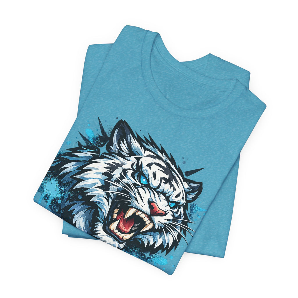 Teal heather T-shirt with roaring tiger head graphic with blue splash effect