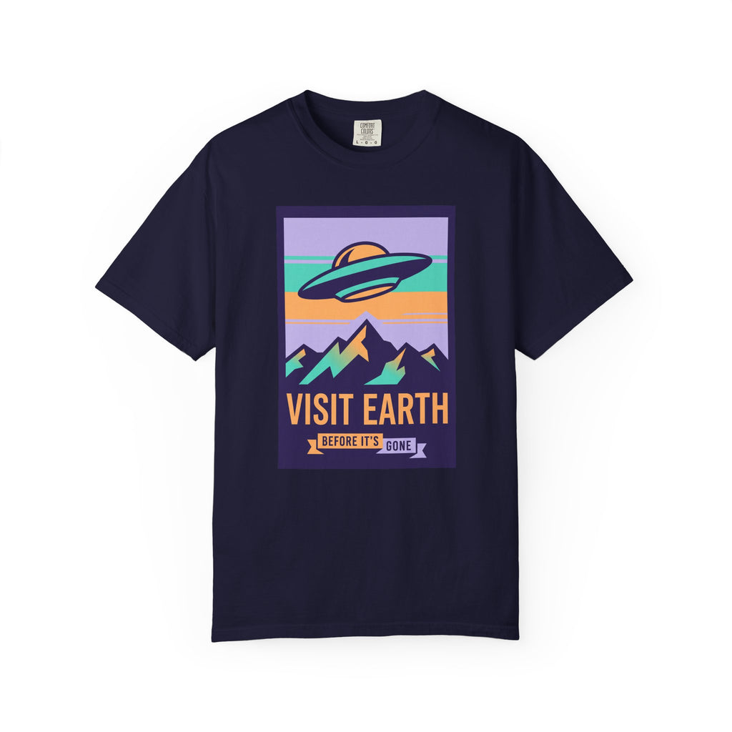 Navy T-shirt with UFO “VISIT EARTH” front graphic