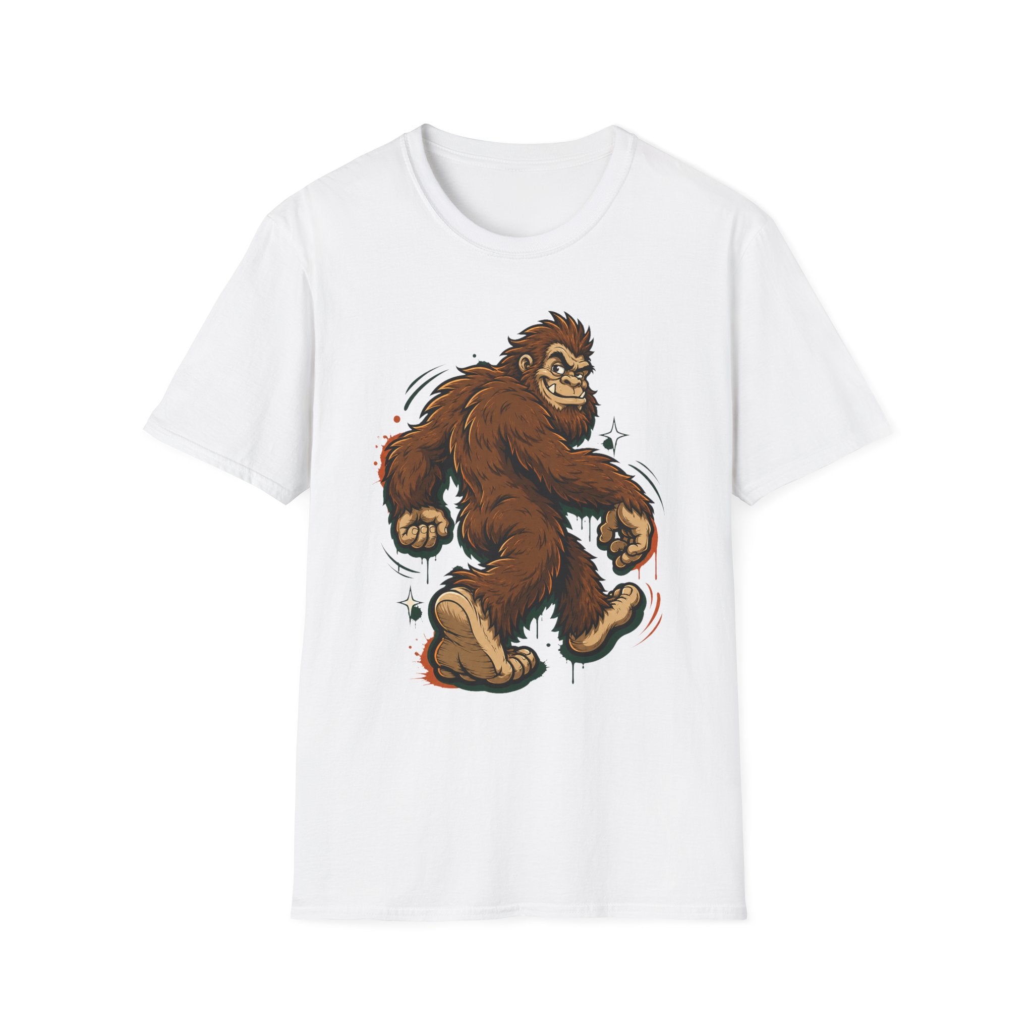White crewneck t-shirt with brown bigfoot cartoon graphic, front view