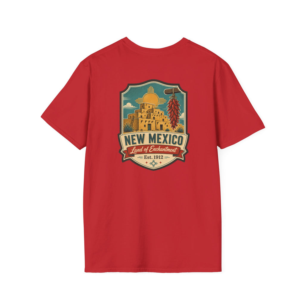 Red New Mexico graphic T-shirt with round crest chest print