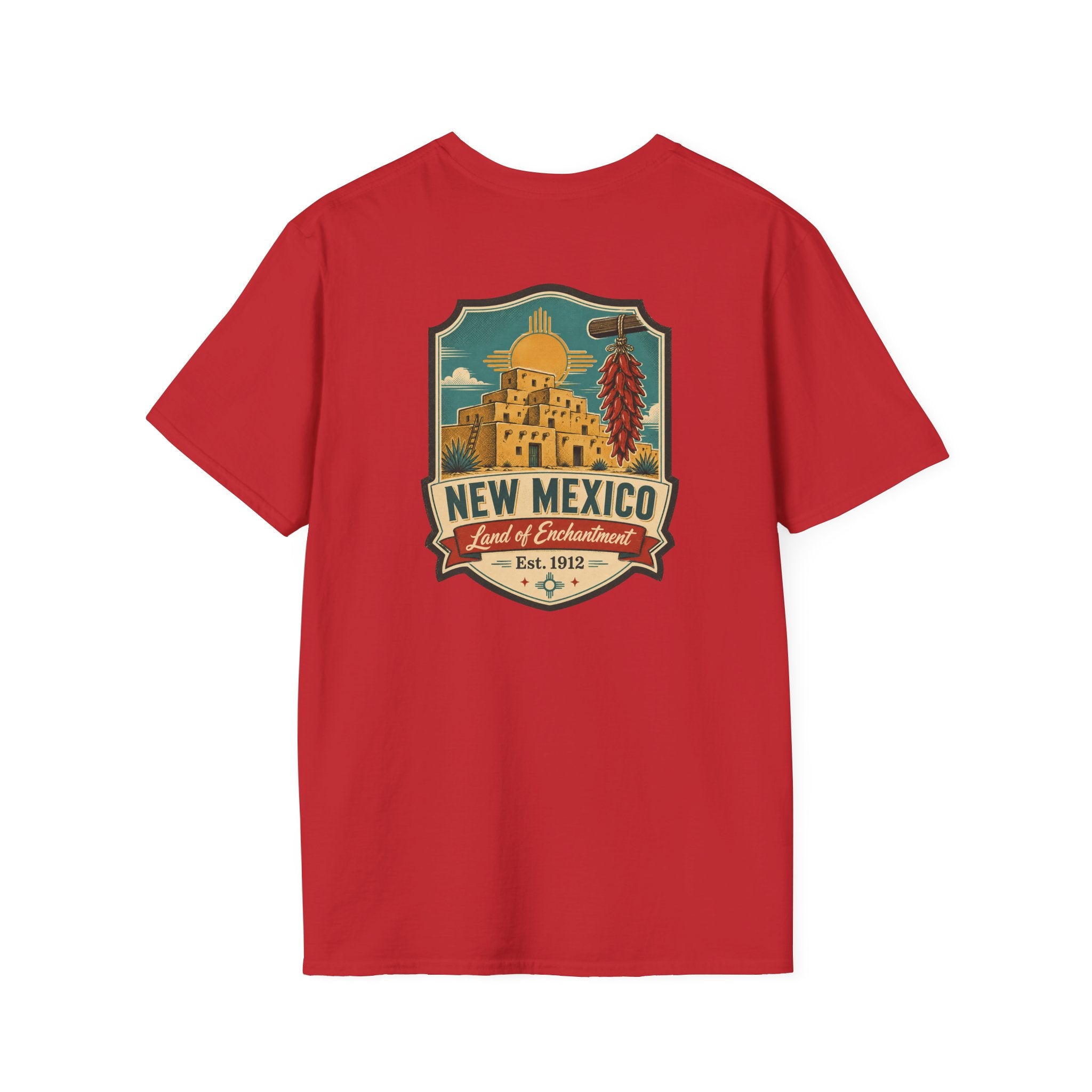 Red New Mexico graphic T-shirt with round crest chest print